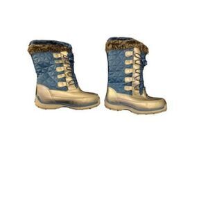 Lands End Womens Winter Boots Blue  Mid Calf Faux Fur Lace Up Kids size 1